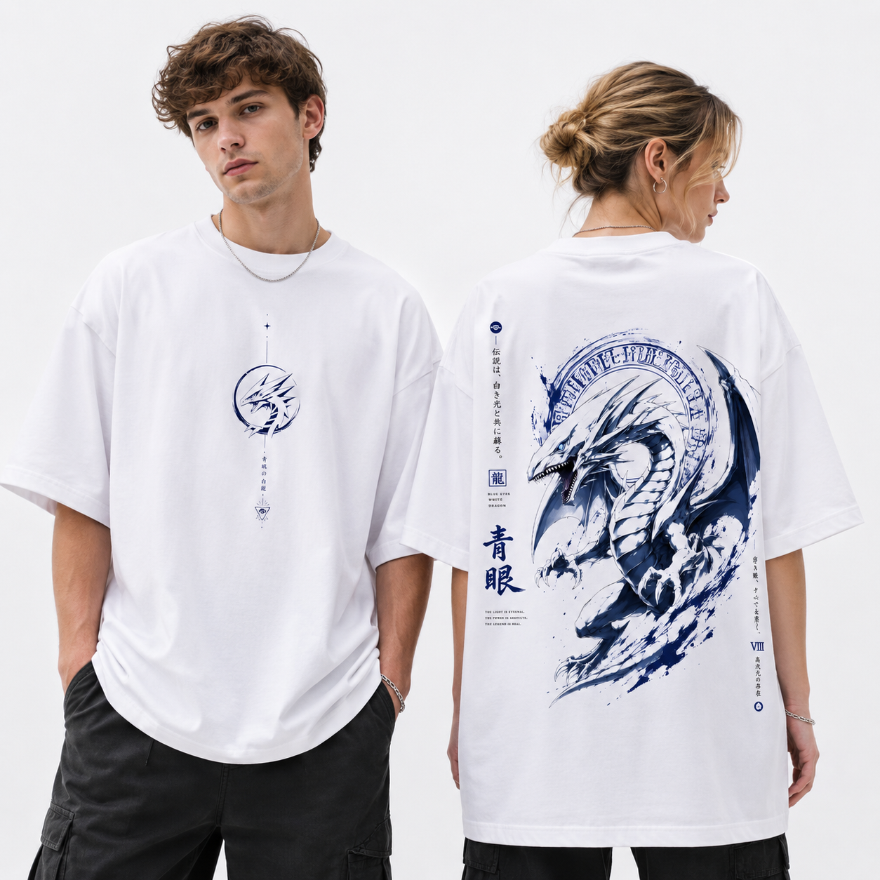 Polera Oversize Dragón Blanco ojos azules Estilo Japonés