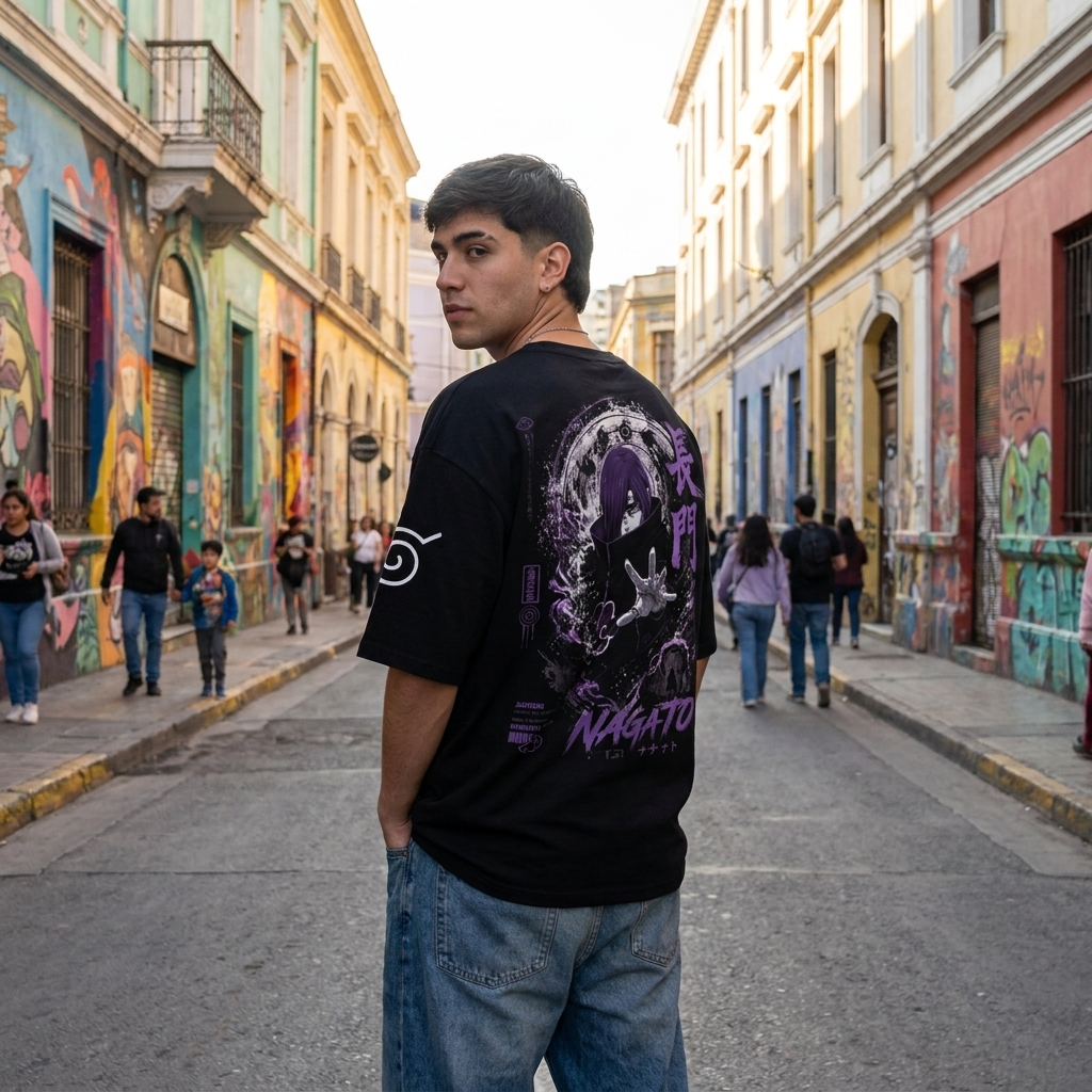 Camiseta oversize Nagato Pain Akatsuki Rinnegan Streetwear Negra Anime