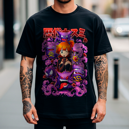 Camiseta Misty & Pokémon Fantasma – Energía Púrpura