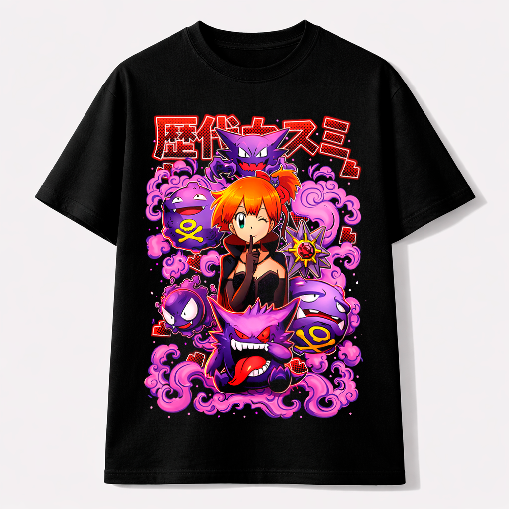 Camiseta Misty & Pokémon Fantasma – Energía Púrpura