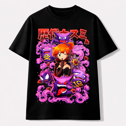 Camiseta Misty & Pokémon Fantasma – Energía Púrpura